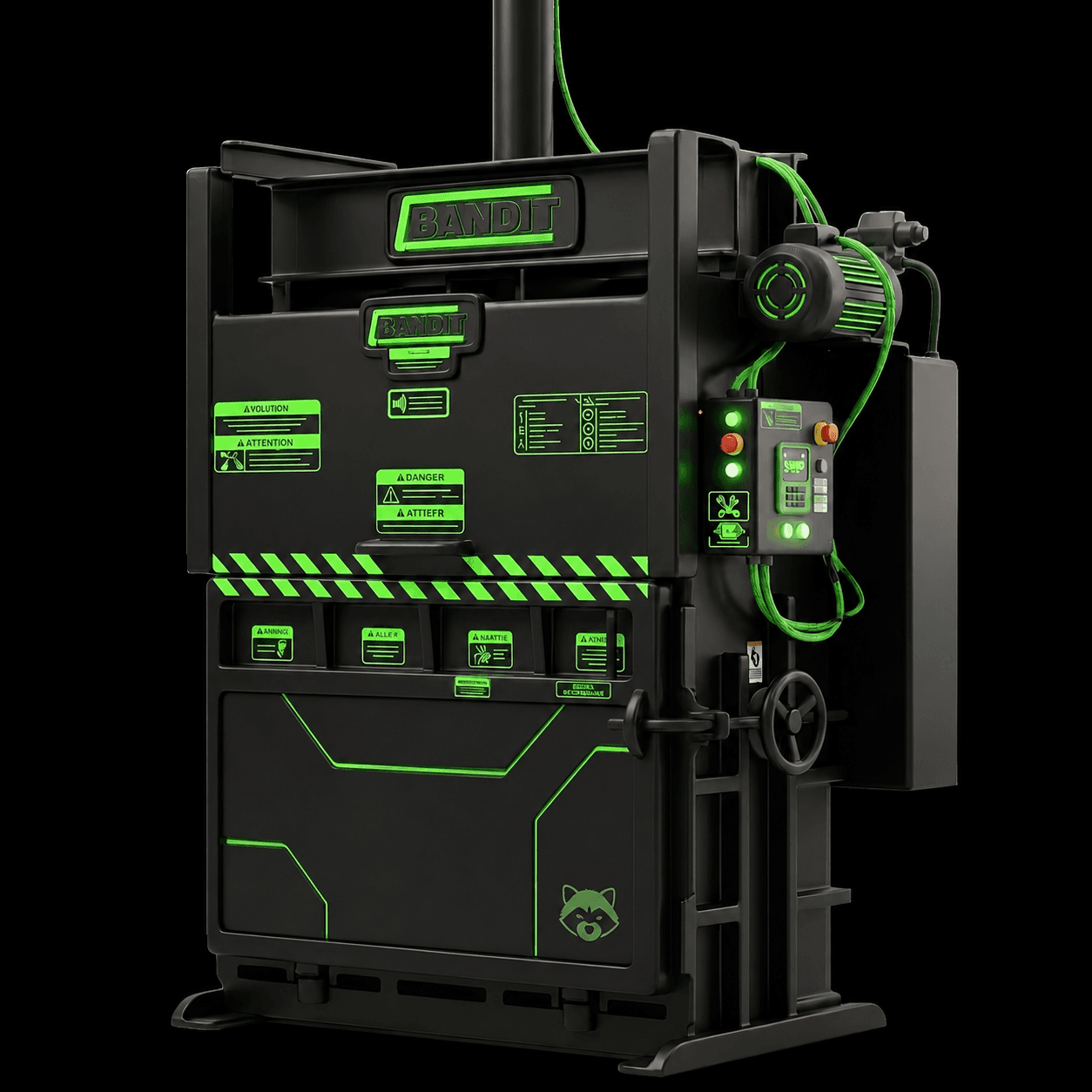 Black Bandit baler with electric green controls and details