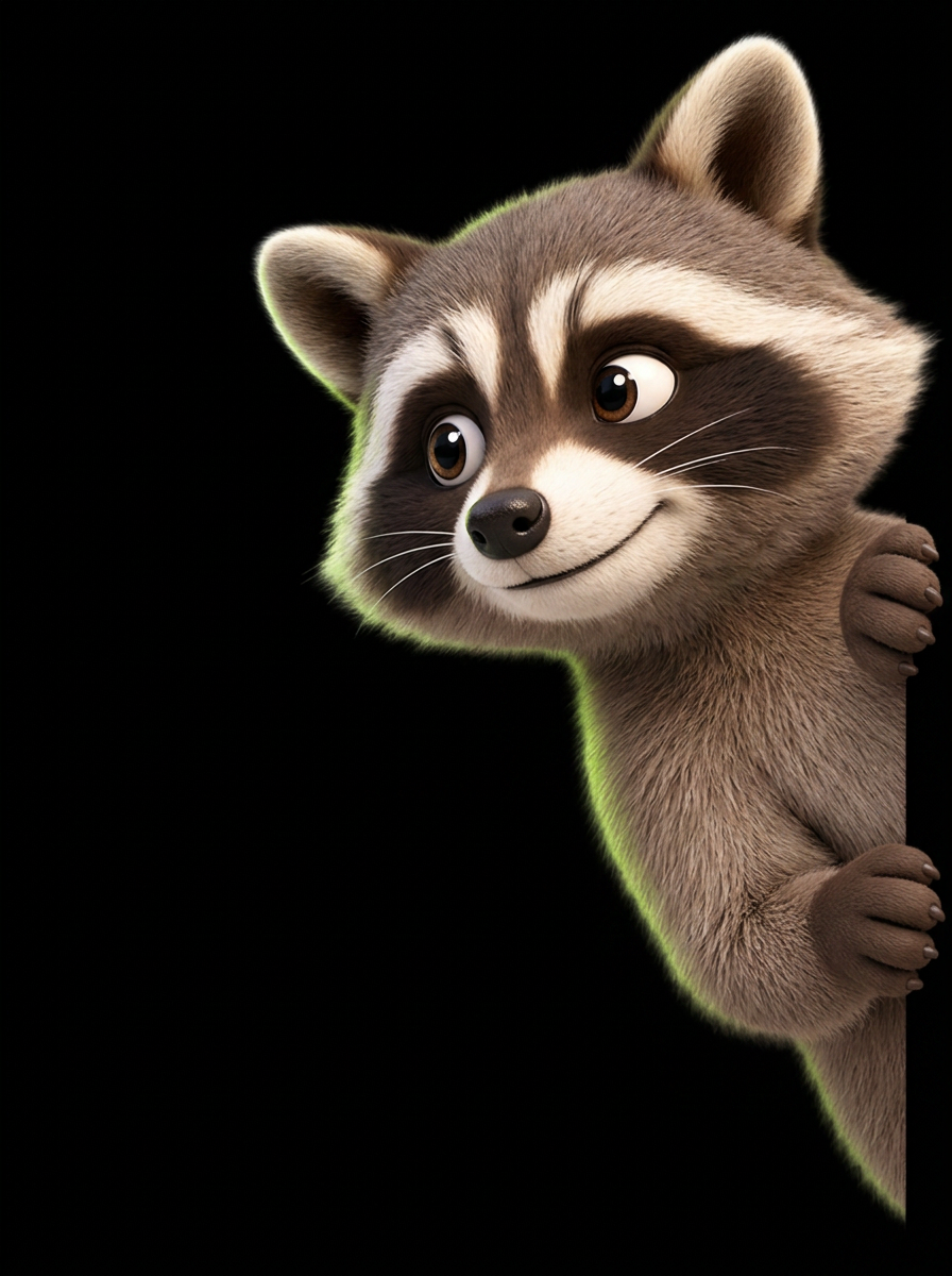 Bandit the raccoon peeking around the green frame